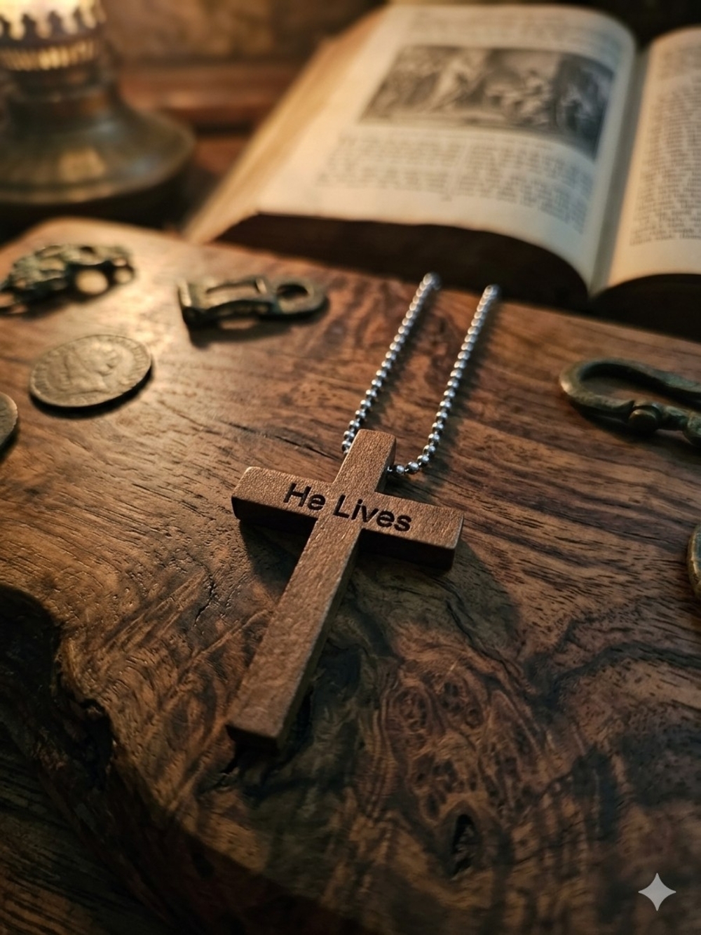 Wooden Cross Necklace - 'He Lives' Pendant in Brown
